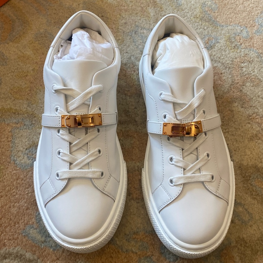 Hermès White Leather Sneakers with Gold Buckle